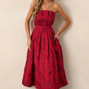 Red Dress Moonstone Dreams Ruby Red Floral Jacquard Midi Dress Size LL / Ruby Re